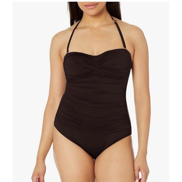 Anne Cole Swimsuit Womens 8 Black Twist Front Shirred One Piece Full Coverage - Picture 2 of 11